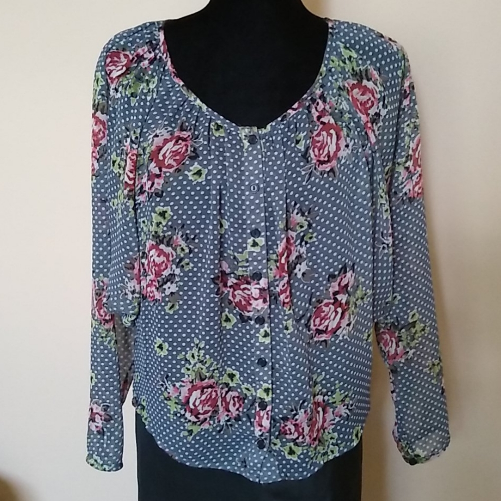 LIVING DOLL Top Floral Polka Dot  Blue Blouse With Batwing Sleeves Size M